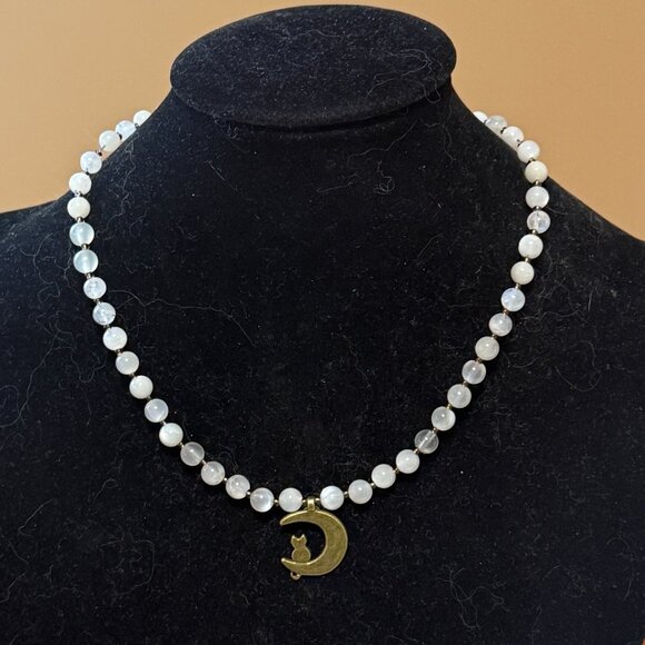 White Moonstone Bronze Cat on the Moon Necklace, Genuine Gemstone Beaded Choker - Picture 3 of 13